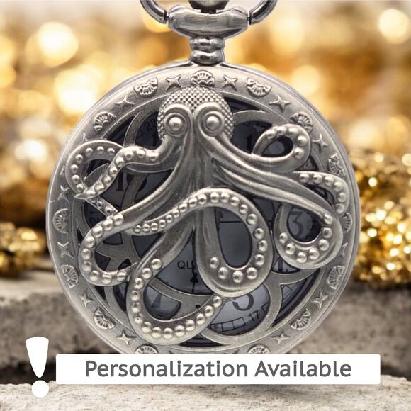 Octopus Pocket Watch – Nautical Charm, Sea Creature Kraken Gift Squid Sailor - Picture 1 of 10